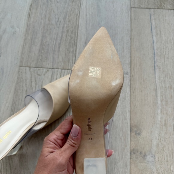 Cult Gaia Neutral Beige Leather PVC Pointed Toe Lucite Heels Mules - Picture 5 of 6